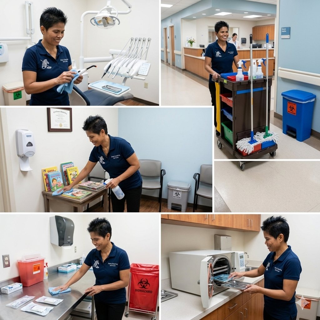 Zebra Cleaning team across dental operatory, medical hallway, waiting room, sharps & sterilization